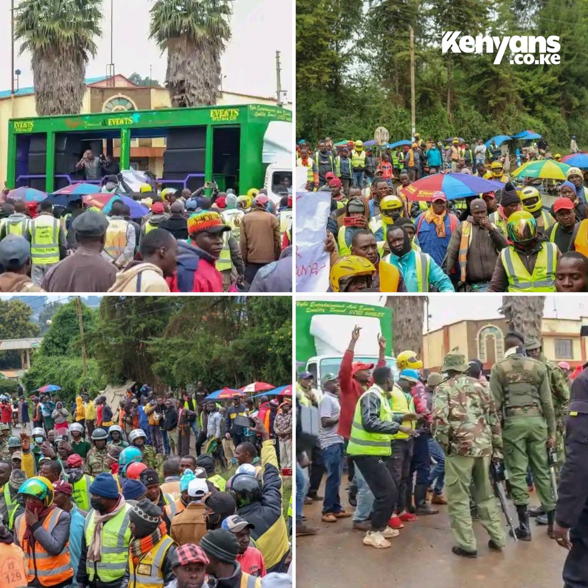 Kenyans's tweet photo. Police block group of bodaboda riders from entering Eldoret CBD as they hold demos asking President Ruto to reappoint former CS Kipchumba Murkomen, say he supported Ruto during the campaigns https://t.co/eO0KFfqbwV