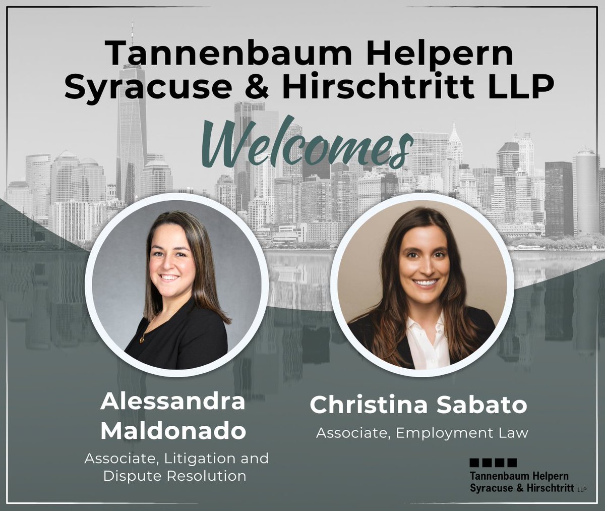 THSHLAW's tweet photo. #THSH is pleased to announce the start of associates, Ale Maldonado, who joins the Firm's #Litigation and Dispute Resolution practice and, Christina Sabato, who joins the #Employment Law practice. Ale and Christina will support these core practices as our firm continues to grow. https://t.co/FCzQPEUmE2