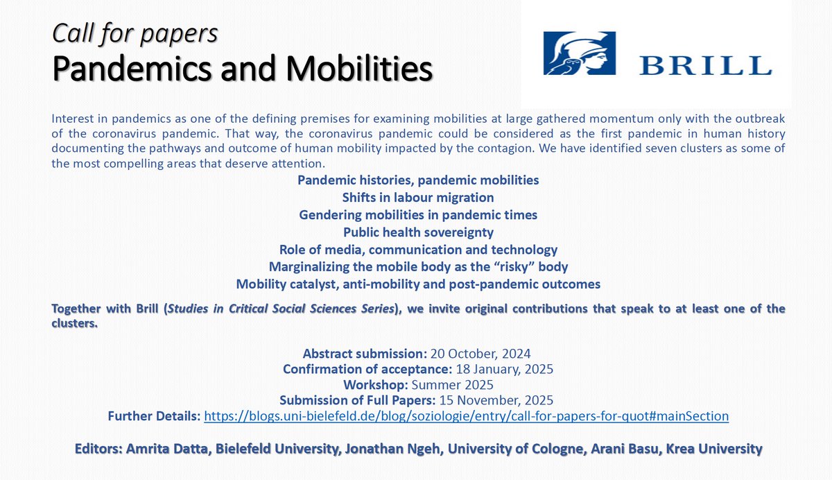 IMISCOE (@imiscoe) on Twitter photo The coronavirus pandemic is perhaps the first pandemic in human history documenting the pathways and outcome of human mobility impacted by the contagion. Check out the call for papers " Pandemics and Mobilities"<a href="/Datta_msca/">Amrita Datta</a>
Find out more: blogs.uni-bielefeld.de/blog/soziologi… The coronavirus pandemic is perhaps the first pandemic in human history documenting the pathways and outcome of human mobility impacted by the contagion. Check out the call for papers " Pandemics and Mobilities"<a href="/Datta_msca/">Amrita Datta</a>
Find out more: blogs.uni-bielefeld.de/blog/soziologi…