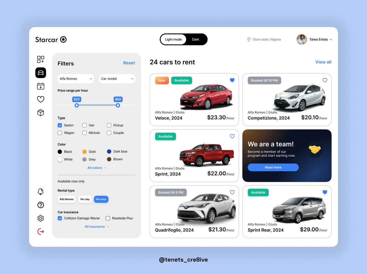 etaiwo331's tweet photo. Am trying to master UI design, here is a car rental site dashboard I replicate

#figma #UIreplication #uidesign #UIUX #app #UIUXcompany https://t.co/nvDN1L4CPK