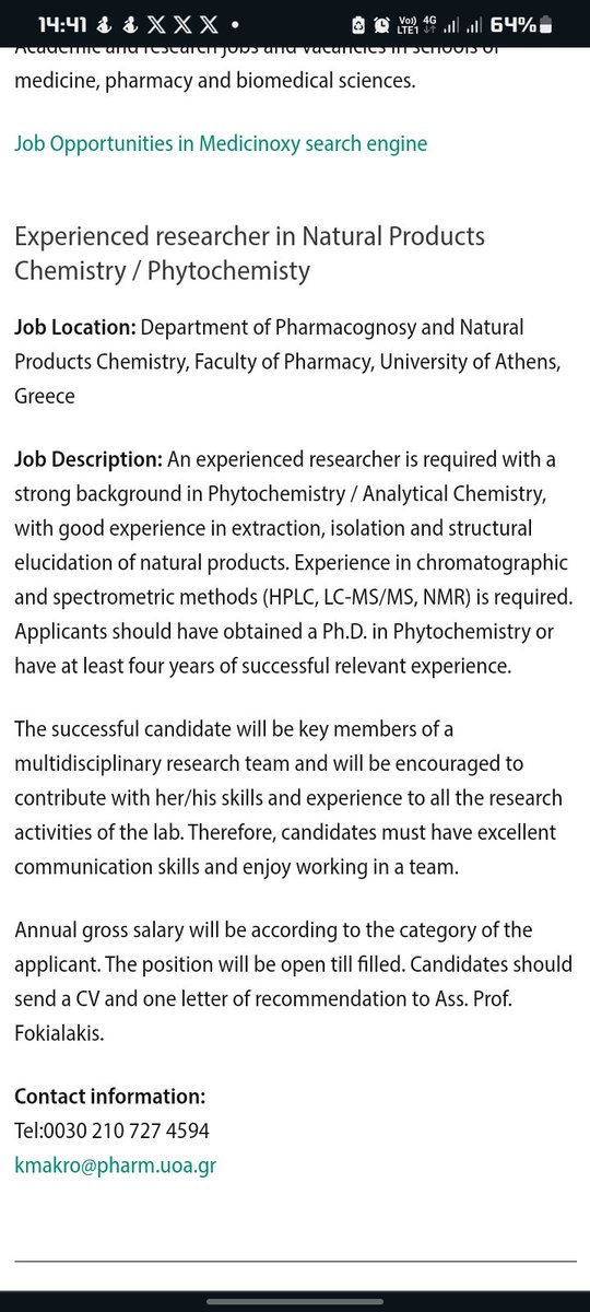 VoyageScholars's tweet photo. Experienced researcher in Natural Products Chemistry / Phytochemisty
 Department of Pharmacognosy and Natural Products Chemistry, Faculty of Pharmacy, University of Athens, Greece
#opportunity #Job https://t.co/K9RUqYQ580