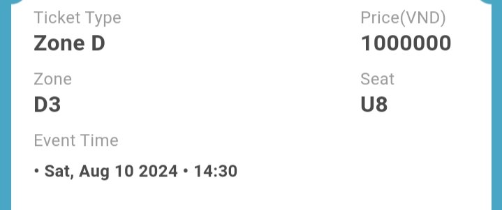 PASS VÉ FMT MILKLOVE VIETNAM
Mình muốn pass lại vé khu D3 để nâng hạng vé ạ, các muvmuv nào cần thì ib mình.
Giá gốc 1tr (không bao gồm phí) 
#MilkLove