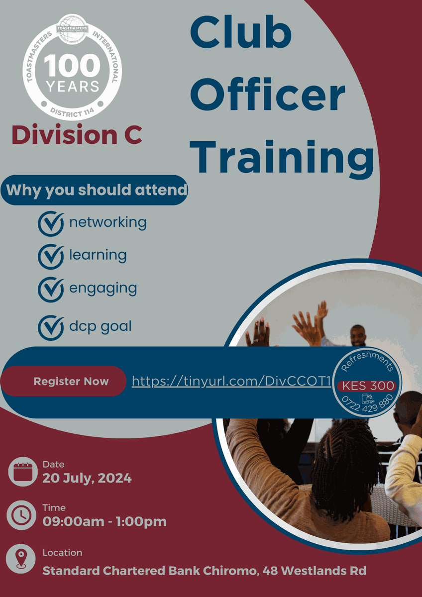 Attending this Club Officer Training (COT) will equip you for service and club excellence. 

Trained club officers understand their roles, serve and support the club better and enhance member experience. 

Register: …onal-district-114-division-c.odoo.com/r/VL7 #DivisionC #COT1