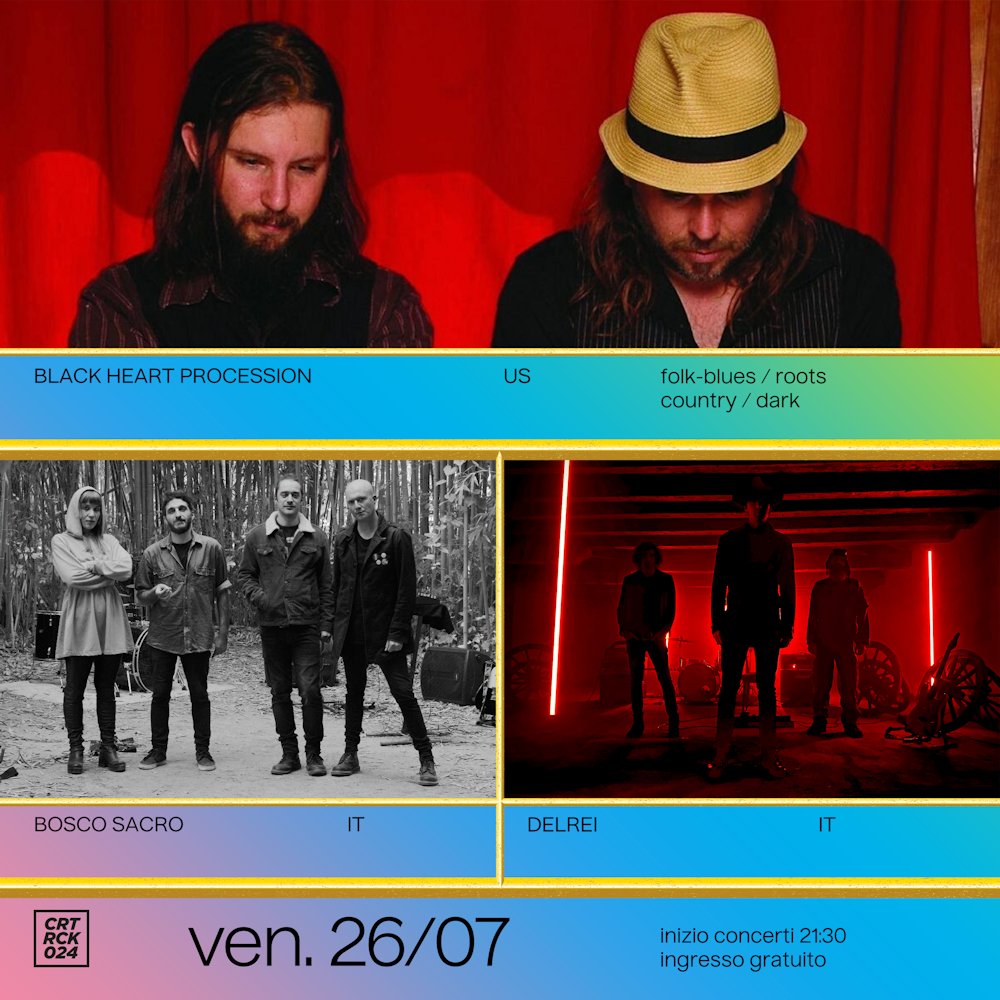 curtarocktweeta's tweet photo. 𝗗𝗔𝗬 𝟯 | 𝟮𝟲.𝟬𝟳
Da San Diego il folk-blues gotico e decadente dei #BlackHeartProcession.
In apertura #DelRei e #BoscoSacro
Cancelli aperti dalle 19.00, live dalle 21.30.
In collaborazione con #MacinaDischi.
𝗜𝗡𝗚𝗥𝗘𝗦𝗦𝗢 𝗚𝗥𝗔𝗧𝗨𝗜𝗧𝗢, 𝗦𝗘𝗠𝗣𝗥𝗘 https://t.co/NVXpcNiPDo