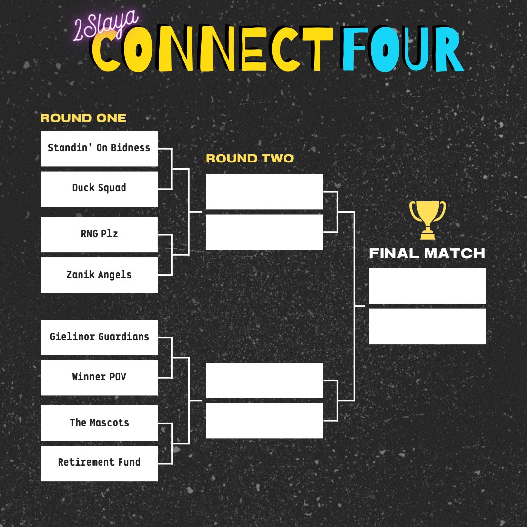 2Slaya's tweet photo. The draft is complete and the results are in! Here are the teams and the first competing brackets! Thank you to everyone for all the love and support yesterday, the countdown is on! #rs3connect4 https://t.co/8fbTHrO8r6