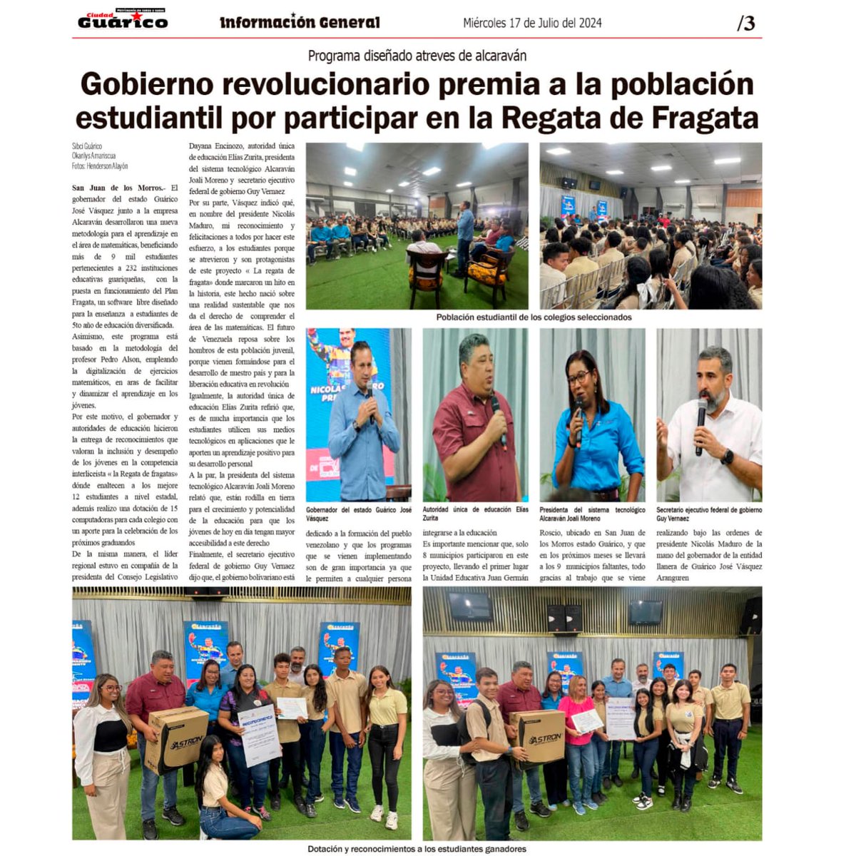 #VenezuelaSegura
#EducaciónEsNoticia📰🗞️
Gobierno revolucionario premia a la población estudiantil por participar en la Regata Fragata.
<a href="/NicolasMaduro/">Nicolás Maduro</a> 
<a href="/_LaAvanzadora/">Yelitze Santaella</a> 
<a href="/MPPEDUCACION/">MPPEDUCACION</a> 
<a href="/CDCEGuarico/">CDCE del Estado Guárico</a> 
<a href="/EliasEducacion1/">Elías Zurita</a> 
<a href="/josemvasquez/">José Vásquez</a> 
<a href="/Gob_Guarico/">Gobierno de Guárico</a>