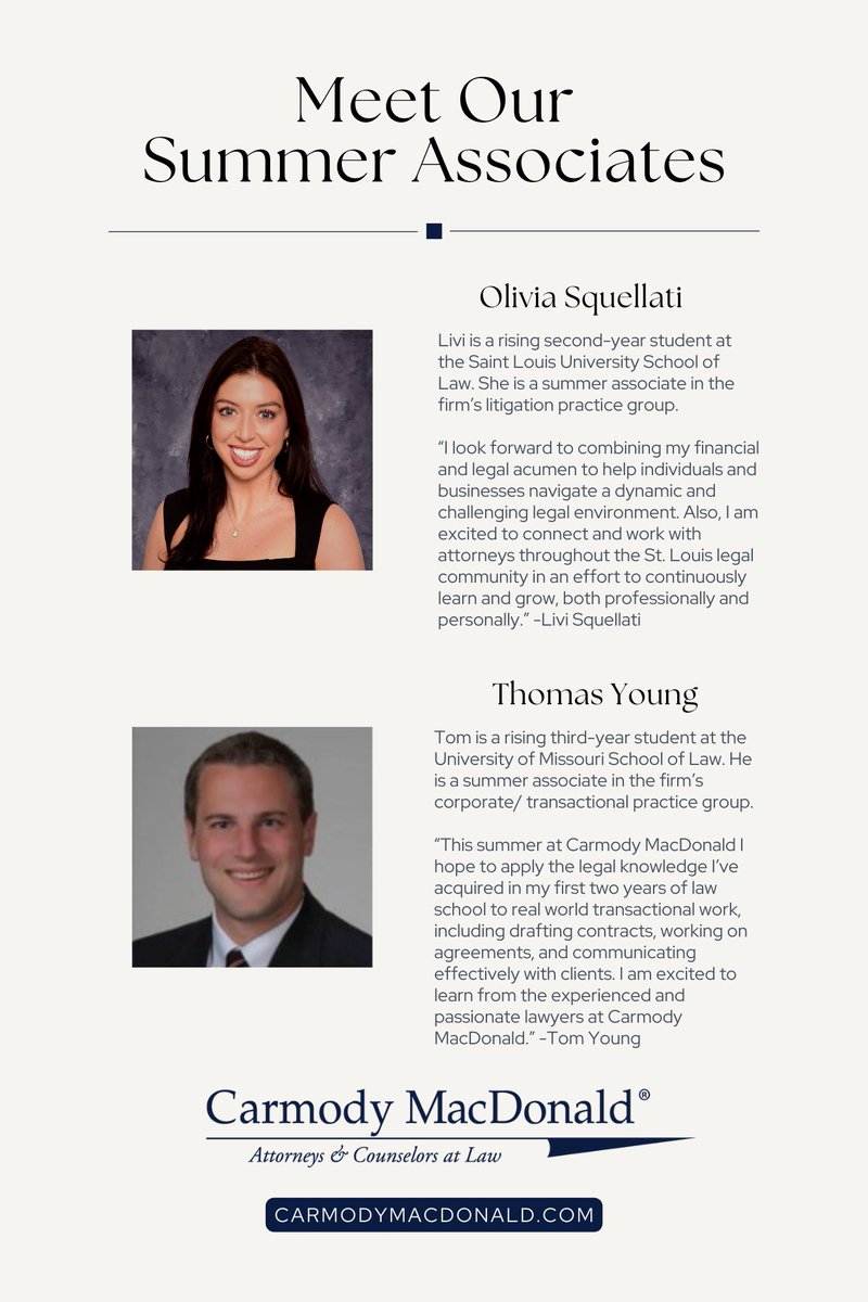 We're happy to have Olivia Squellati and Thomas Young with us this summer! #SummerAssociates #FutureLawyers #LawStudents #LegalInternship #Mentorship #LawCareer
