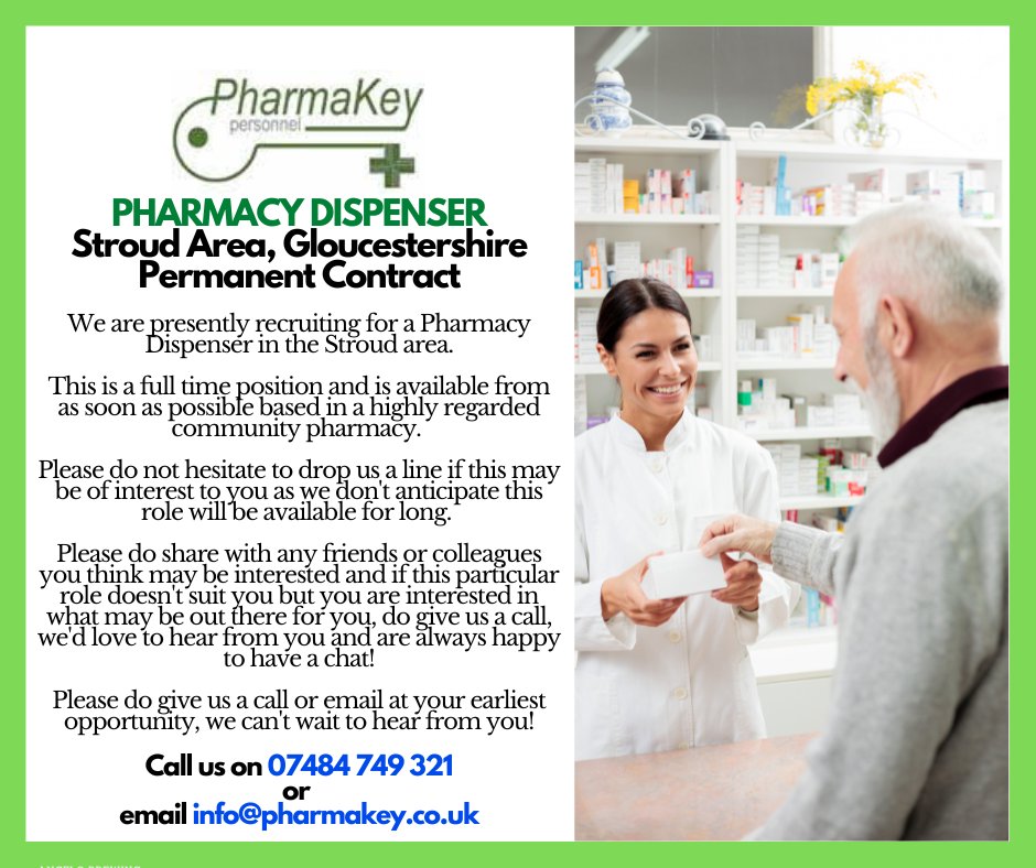 Brand new permanent Pharmacy Dispenser role available in Gloucestershire! Please get in contact if of interest and all share always very appreciated! Thank you! 😀

#pharmacydispenser #dispenser #pharmacyjobs #gloucestershirejobs
