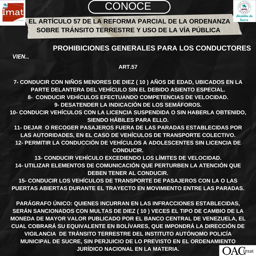 Continuamos con la difusión de la Reforma Parcial de la Ordenanza sobre Tránsito Terrestres y uso de la vía pública del Municipio Sucre del Estado Bolivariano de Miranda
<a href="/lAlcaldiasucre/">AlcaldíaSucre</a>
#ImatSucreTrabajandoPorSuMunicipio