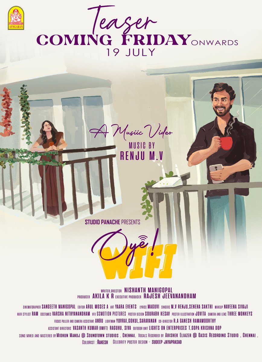 Ayngaran_Music's tweet photo. Oye WiFi Musical Video teaser releasing this friday 19th July.
Directed &amp; Performed by Nishanth Manigopal &amp; Sneha Sakthi 
✍️ by Maguvi   🎹 by M.V.Renju
@nishanth4you
@SnehaSakthi_
@Renju_mv https://t.co/CwYhNcN5Pr