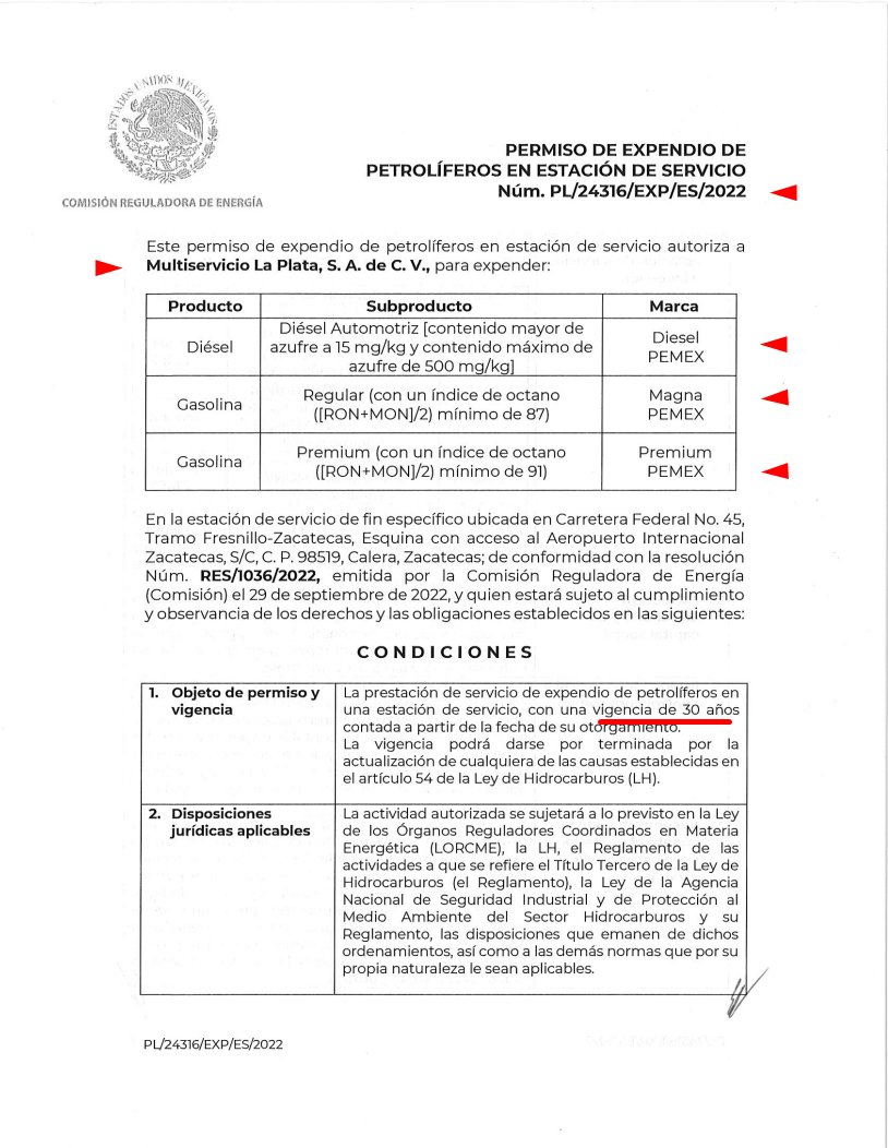Alephbio's tweet photo. La CRE, beneficio con 1 permiso de expendio de petrolíferos en estación de servicio a Multiservicio la Plata S.A. de C.V., cuya accionista es Eldaa Catalina Monreal Pérez, hija del senador morenista Ricardo Monreal Ávila. El permiso tiene una vigencia de 30 años. https://t.co/V93x1L0qLc