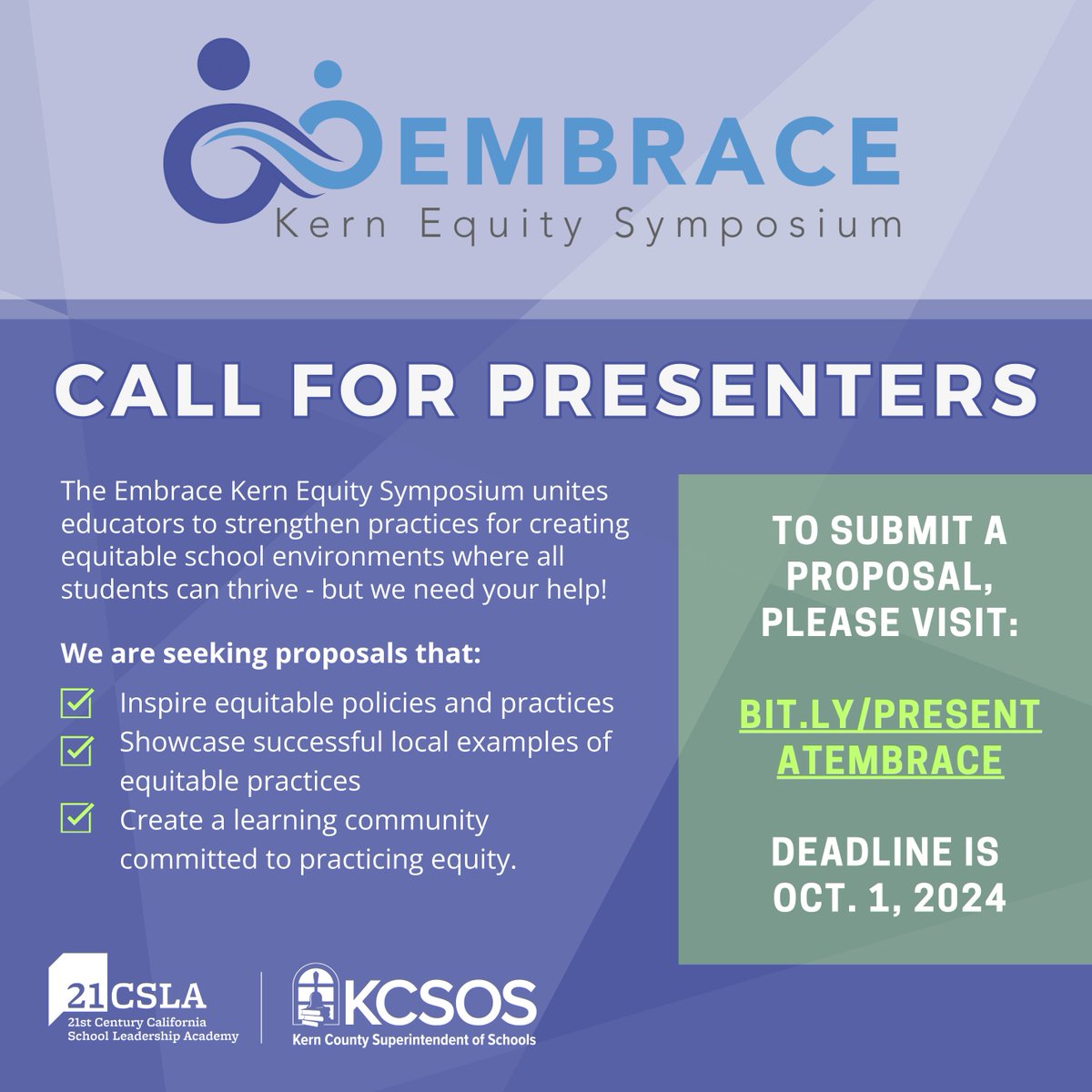 Seeking proposals for the Embrace Kern Equity Symposium! Join us to inspire equitable policies, learn from successful local examples, and build a committed learning community. Submit here: bit.ly/PresentAtEmbra…