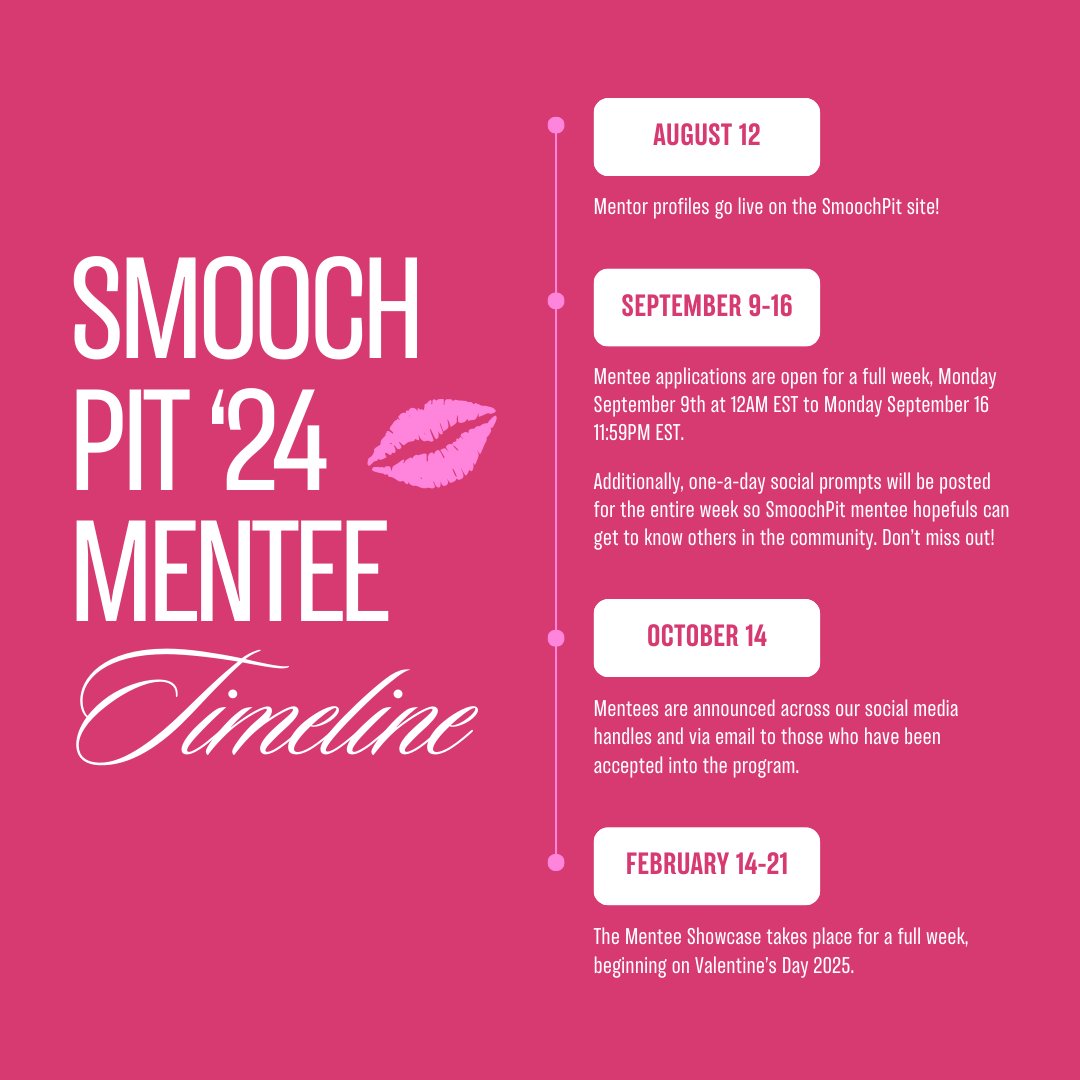We're working hard behind the scenes to get all of the mentor profiles ready to go! In the meantime, we wanted to give all you potential mentees some more information about our program timeline. Save the date(s)!

#writingcommunity #amquerying #amwritingromance #mentorship