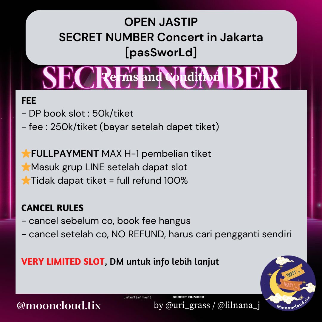 uri_grass's tweet photo. ☁OPEN JASTIP ☁
SECRET NUMBER Concert in Jakarta
[pasSworLd]
📍Tennis Indoor Senayan, 28 Sep 2024

Fee : 300k/tix
✅ Masuk grup order
✅ REFUND 100% jika tiket tidak secured
✅ Tiket diurus sampai fisik

⭐TRUSTED AND LIMITED SLOT, TESTI CEK HIGHLIGHT IG mooncloud.tix⭐ https://t.co/JUkapl4ztX