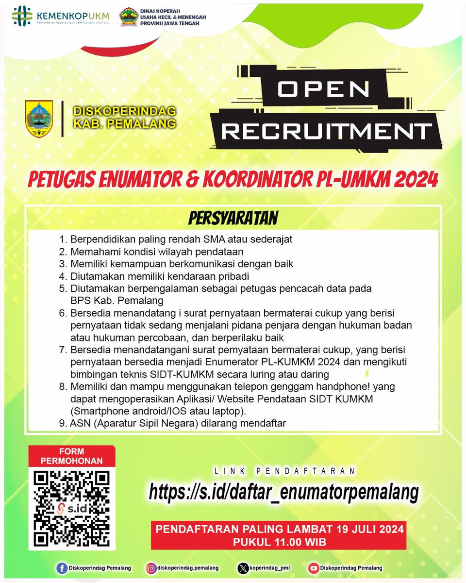 Open Recruitment Petugas Enumator &amp; Koordinator PL UMKM 2024

Link Pendaftaran : 
s.id/daftar_enumato…

Yuk daftar segera!!! 📢
Pendaftaran ditutup 19 Juli 2024 Pukul 11.00 WIB

Pergi ke Gunung Naik Unta
Unta Haus Minumnya Jamu
Ayukk Gabung Petugas Data
Untuk UMKM Semakin Maju