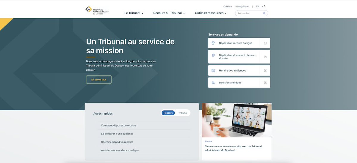 Yulcomtech's tweet image. Digitalisation et E-justice : YULCOM a livré la nouvelle plateforme web du Tribunal administratif du Québec.
Cette plateforme propose plusieurs services à la demande dont le dépôt d’un recours en ligne.
taq.gouv.qc.ca 
#egouv #Quebec #ejustice
yulcom-technologies.com/fr/digitalisat…