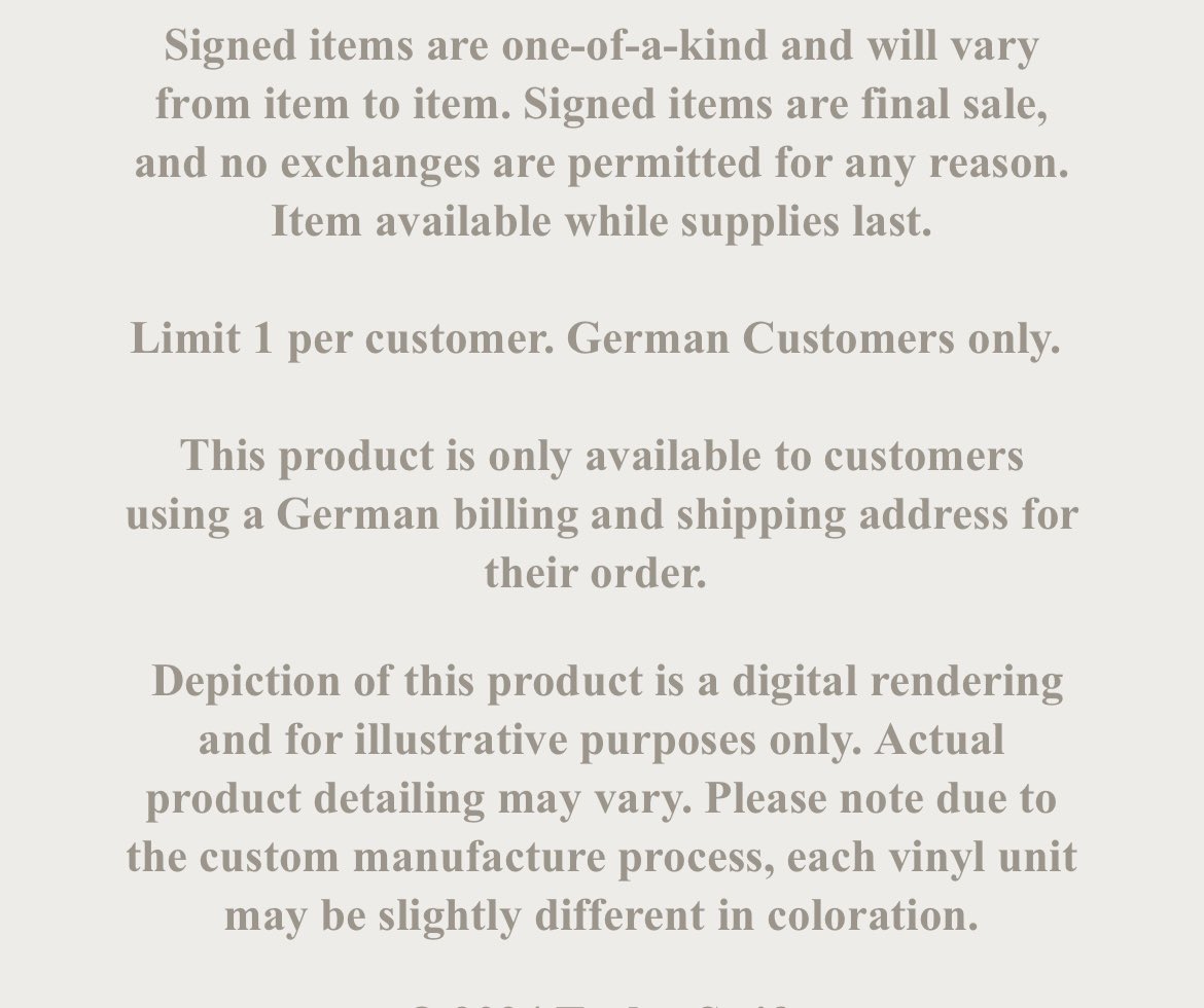 Ana_mz13's tweet photo. What kind of European Store is it if when you try to buy the Vinyl signed on your cart show this and you can’t buy it. Only German Customers. I’m Spanish. Why can’t buy it now? @taylorswift13 @taylornation13 let all the people will have a chance to buy one, this is not right https://t.co/9U0rP8XeCz