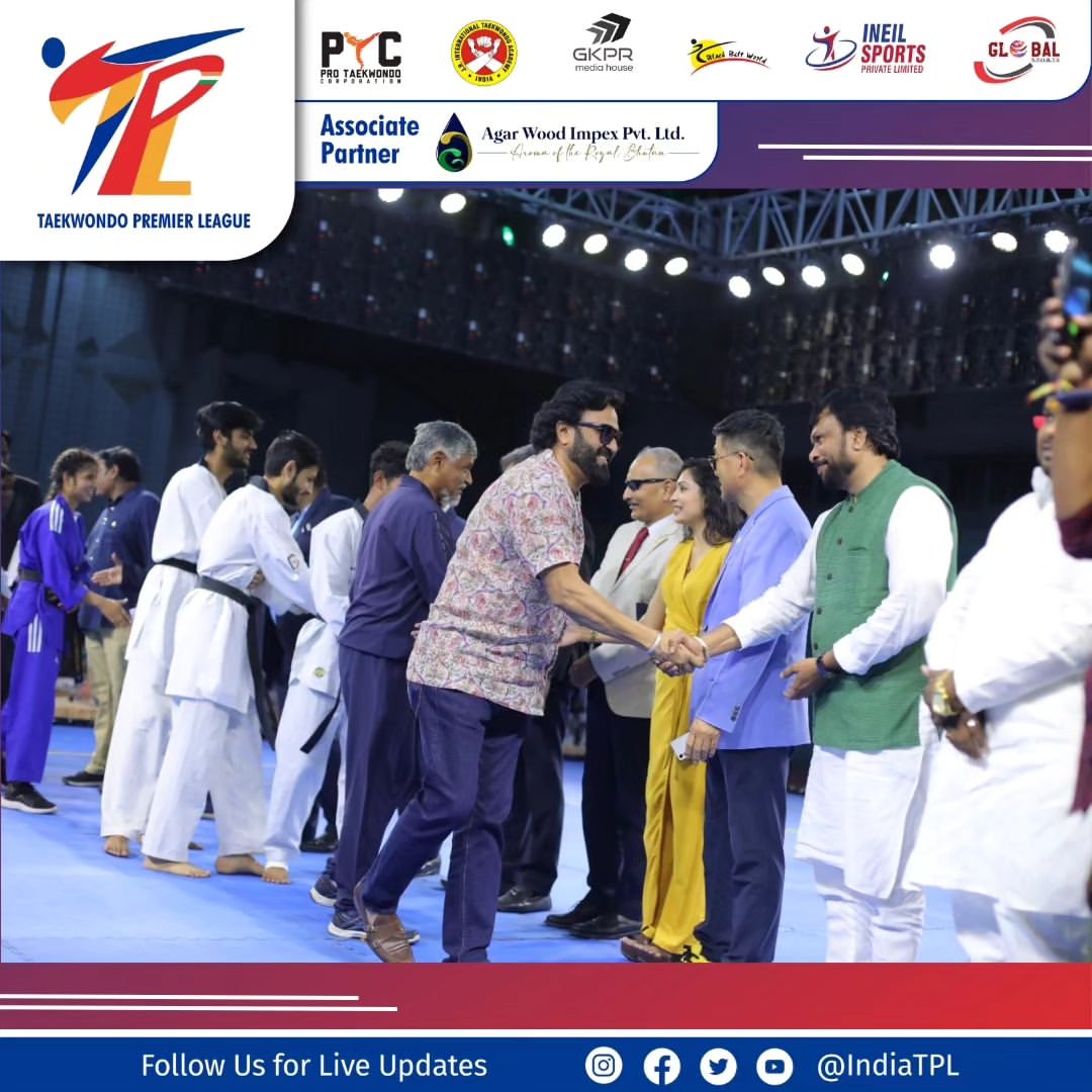 IndiaTPL's tweet photo. Unforgettable moments at the Taekwondo Premier League Season 1 Leg 2 Opening Ceremony! 🥋 Owner of Team Delhi Warriors, Mr. Shyam Patel, exchanging greetings with Grandmaster Dr. Jun Lee and other dignitaries. The spirit of martial arts is alive and thriving.

#TPL2024 https://t.co/SImYZLx7XB