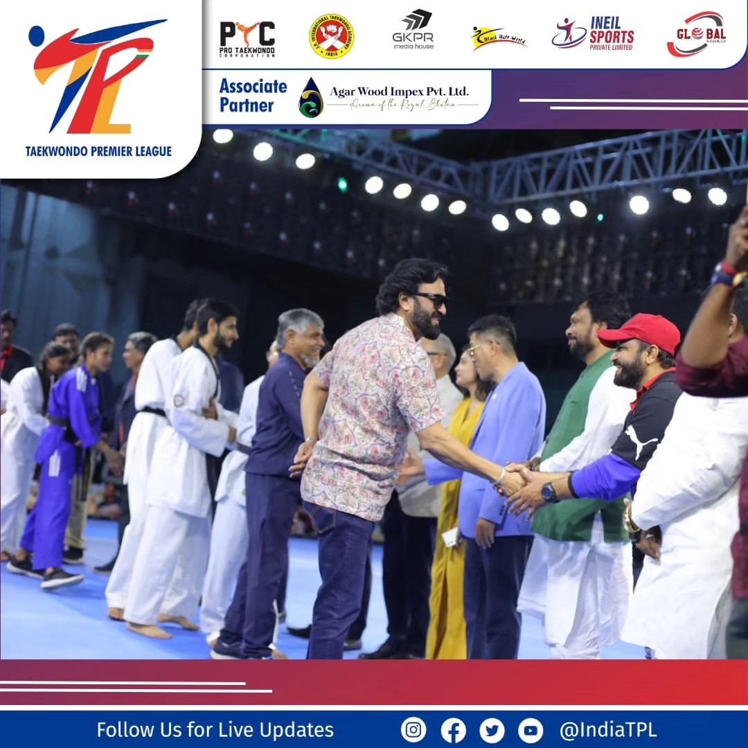 IndiaTPL's tweet photo. Unforgettable moments at the Taekwondo Premier League Season 1 Leg 2 Opening Ceremony! 🥋 Owner of Team Delhi Warriors, Mr. Shyam Patel, exchanging greetings with Grandmaster Dr. Jun Lee and other dignitaries. The spirit of martial arts is alive and thriving.

#TPL2024 https://t.co/SImYZLx7XB