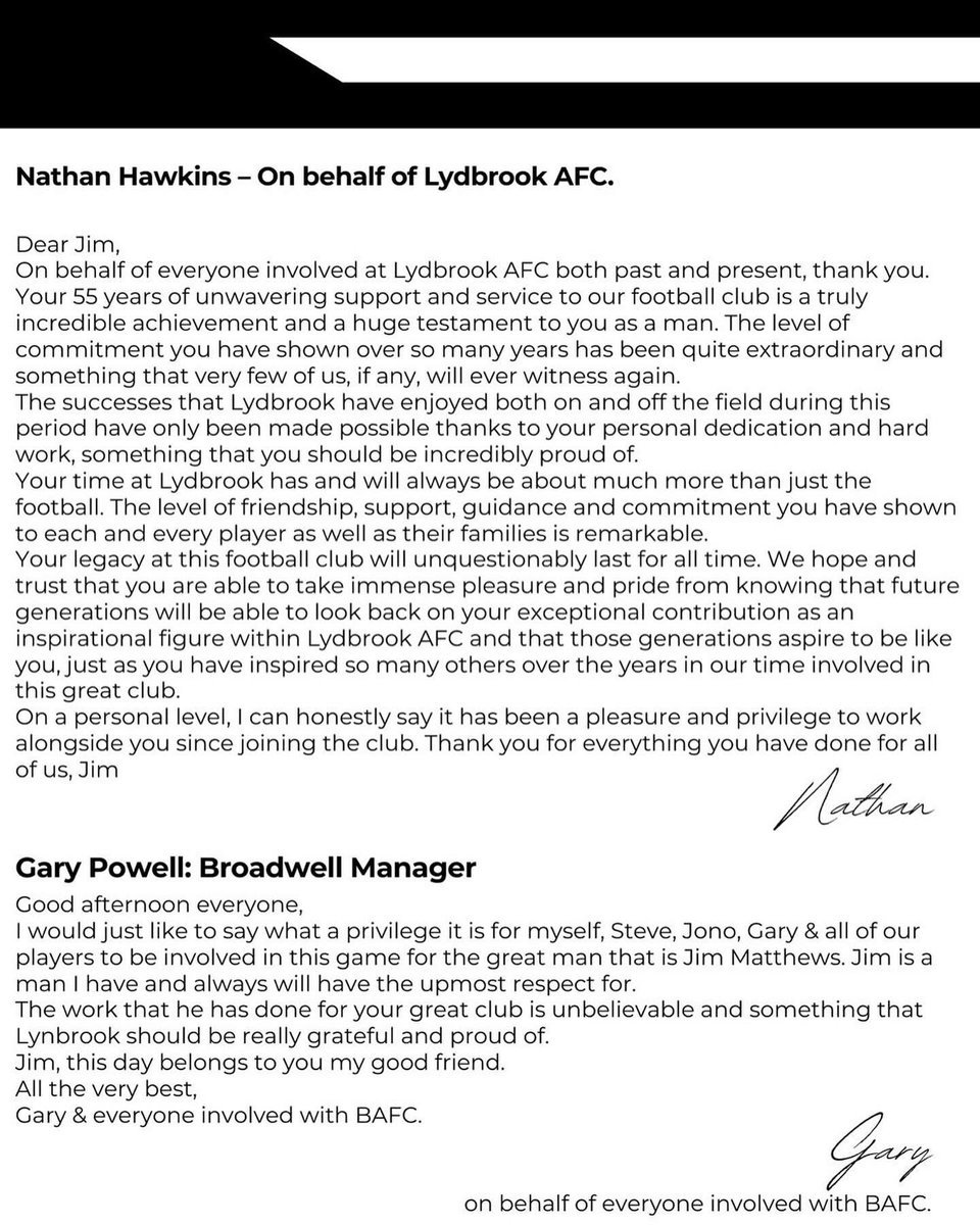 As we get ready to say our final goodbyes to the one and only Jim Matthews on Saturday here is a look back at a few messages of thanks written by members of both Lydbrook AFC &amp; Broadwell AFC. 

Forever in our hearts🖤🤍🖤🤍
