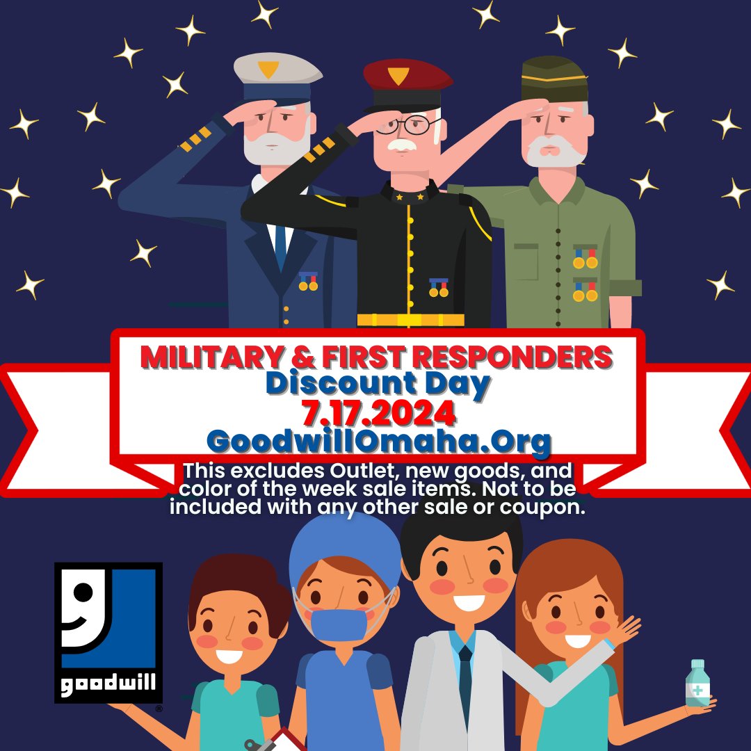 GoodwillOmaha's tweet image. It's Goodwill Omaha's Military &amp;amp; First Responders Discount Day! With a valid ID, you'll receive a special 10% discount on your purchases. Some exclusions apply, but we guarantee you'll find something great. See you soon! #militarydiscount #sale #firstresponderdiscount #goodwill