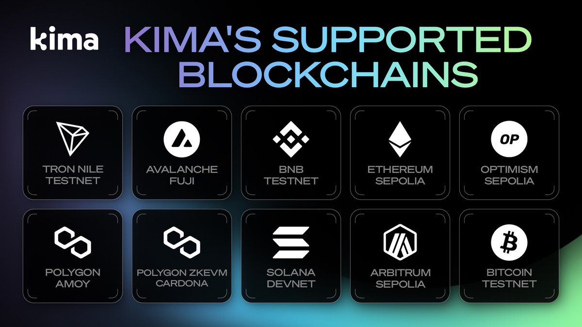 👏Shoutout to Kima's Supported Chains👏

 Huge appreciation goes to all the amazing blockchain networks that power Kima Network! 🌟
 
<a href="/trondao/">TRON DAO</a>, <a href="/avax/">Avalanche🔺</a> , <a href="/solana/">Solana</a>, <a href="/ethereum/">Ethereum</a>, <a href="/arbitrum/">Arbitrum</a>, <a href="/Bitcoin/">Bitcoin</a>, <a href="/0xPolygon/">Polygon | POL</a>, <a href="/BNBCHAIN/">BNB Chain</a>, <a href="/Optimism/">Optimism</a>, and <a href="/0xPolygon/">Polygon | POL</a> ZKEVM Cardona. 💪

Together, we're