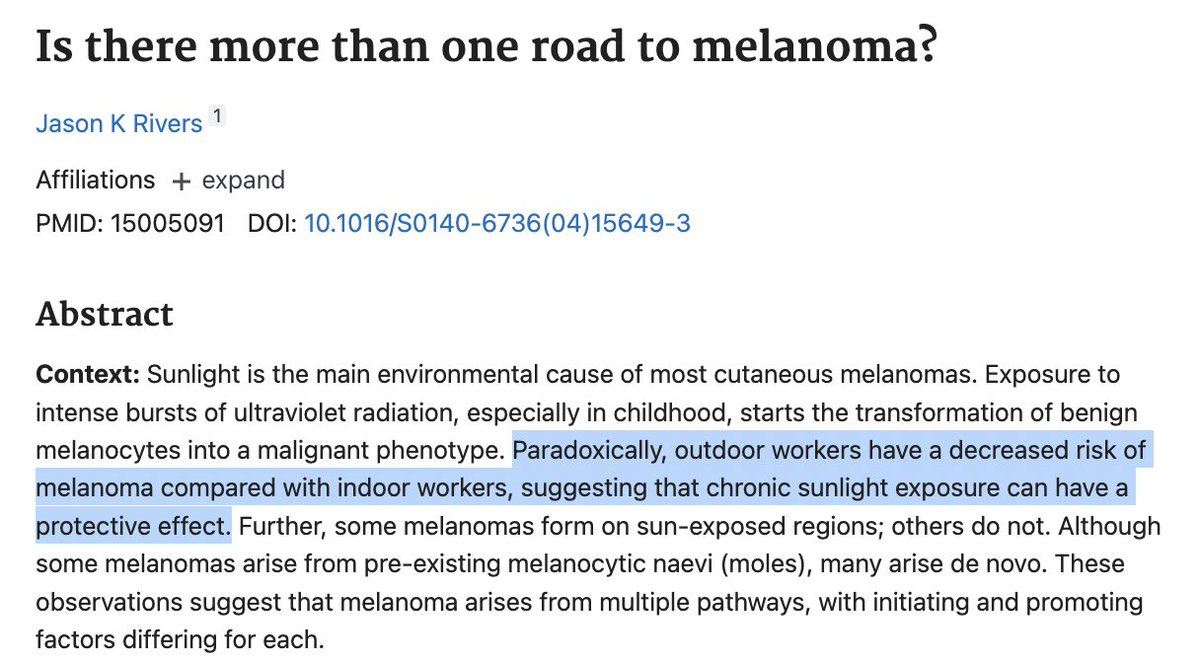 markmulvey's tweet photo. (not so) fun facts:

skin cancer rates have been rising alongside sunscreen use

outdoor workers have a lower risk of getting melanoma than indoor workers

the more you know ✨ https://t.co/fD3ip9oLA8