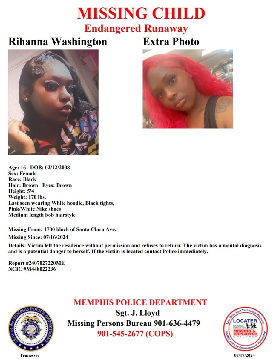 MEM_PoliceDept's tweet photo. Have you seen Rihanna Washington?
Report #2407027220ME https://t.co/LBlbFXeHP8