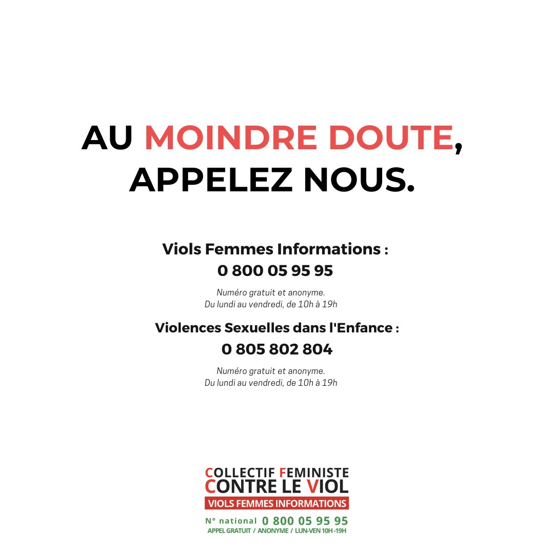 Pendant l’été (et toute l’année), le CFCV est aux côtés des victimes de viols et d’agressions sexuelles sur les lignes d’écoute nationales. Des professionnelles sont à
votre écoute.
Au moindre doute, appelez-nous :
☎ VFI : 0 800 05 95 95
☎ VSE : 0 805 802 804