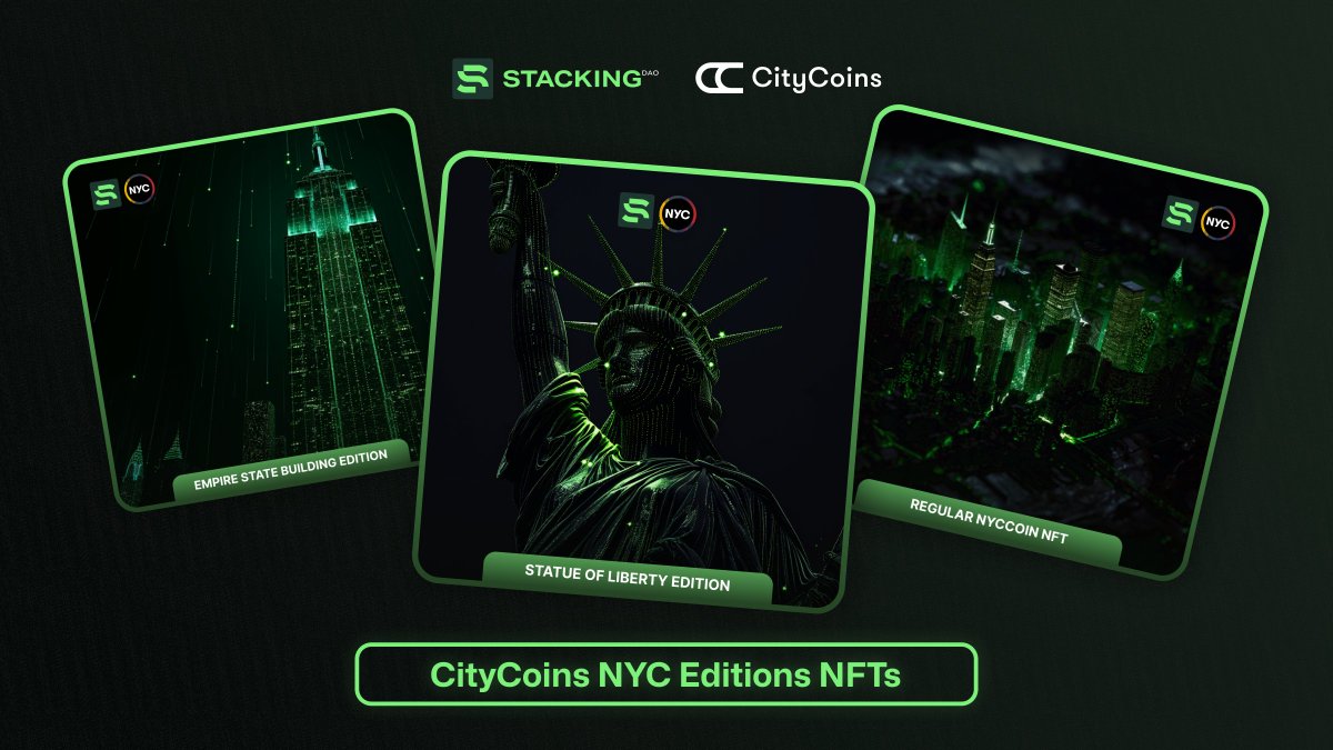 StackingDao's tweet photo. The NYC redemptions are an opportunity for @Stacks community to get NFTs unlocking new points multiplier!

The more NYC converted, the higher the NFT tier and the greater the associated benefits.

Redeem your NYC for stSTX on @mineCityCoins website:

https://t.co/1T5rMouL2v https://t.co/1n4JMfCRMV
