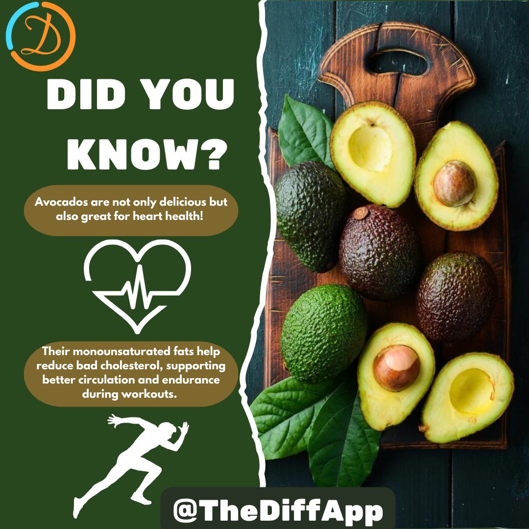 TheDiffApp's tweet image. Greeny goodness! 🥑 Avocados aren&apos;t just for toast—they&apos;re a solid choice for heart health. Packed with healthy fats, they boost endurance and keep your heart strong. Add some avo-love to your diet and feel the difference! 💚💪 #FoodieFitness #DidYouKnow #TheDiffApp #AvoGoodness