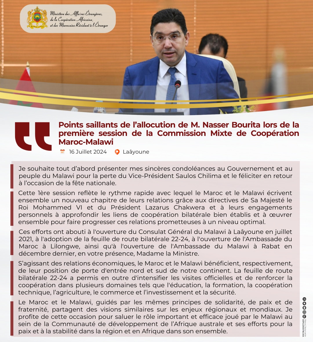 Medi1TV's tweet photo. Retour sur les points clés de l'allocution de #NasserBourita a prononcé, mardi 16 juillet à #Laâyoune, à l’occasion de la 1ère session de la #Commission_mixte #Maroc - #Malawi. https://t.co/8iaQSHTIp0