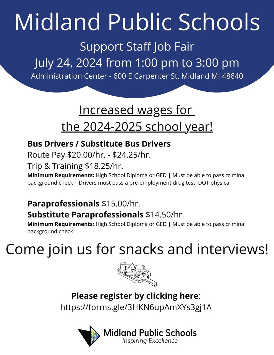MidlandPS's tweet image. Midland Public Schools is holding a job fair for support staff positions on Wednesday, July 24th, from 1-3:00 pm. Join us for snacks and instant interviews!

#MidlandPublicSchools #JobFair #busdrivers #paraprofessionals #MidlandMi
