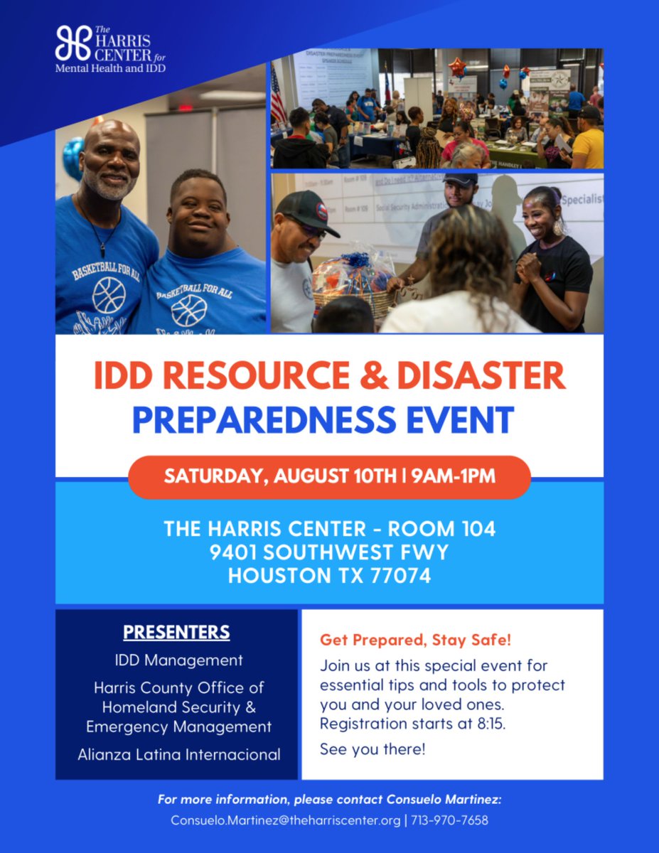 TheHarrisCTR's tweet photo. 2024 IDD Resource & Disaster Preparedness Event: Aug 10, 2024, 9AM-1PM, Houston.
Free event for IDD community. Promo video: https://t.co/q4zUxtf3q8
#IDDAwareness #DisasterPreparedness https://t.co/hUlg9hds4L