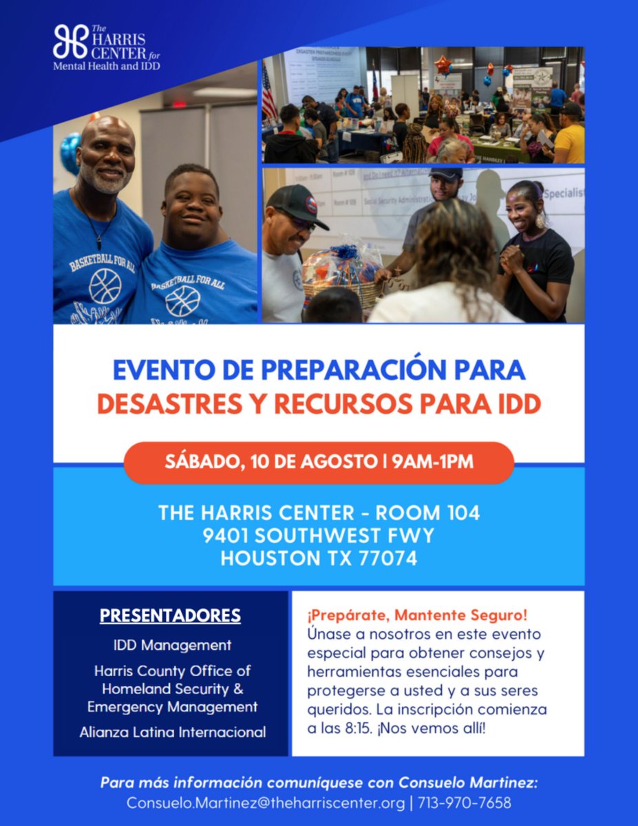 TheHarrisCTR's tweet photo. 2024 IDD Resource & Disaster Preparedness Event: Aug 10, 2024, 9AM-1PM, Houston.
Free event for IDD community. Promo video: https://t.co/q4zUxtf3q8
#IDDAwareness #DisasterPreparedness https://t.co/hUlg9hds4L