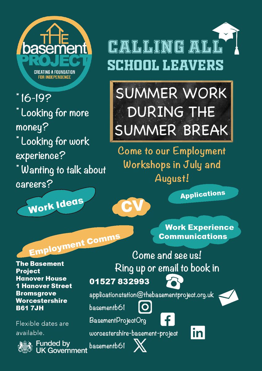 BasementB61's tweet photo. Just left school? Want to earn your own money? Need help to apply for jobs? Come down and see us  during July and August! 
Contact Anna or Elisha on 01527 832993 https://t.co/siOOlDCe7Y