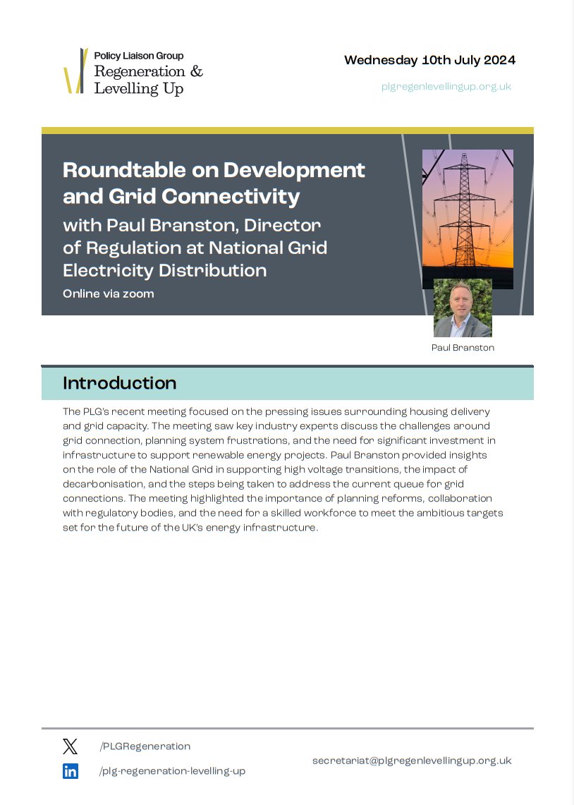 PLGRegeneration's tweet photo. Last week, the PLG held a timely roundtable meeting discussing growth and grid connectivity with Paul Branston, Director of Regulation at National Grid Electricity Distribution.

Please find below some of our key takeaways from the meeting. https://t.co/n2OYq8g2Oq