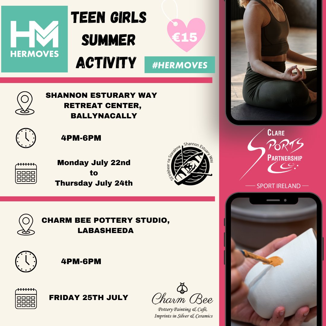 🚨 QUICK 🚨

There is still time to register your interest for our BRAND NEW teen girls summer activity - Poses &amp; Pots ✨🧘🏽‍♀️🎨

Find out more 👇✅

claresports.ie/her-moves-prog…

<a href="/hermoves_ie/">Her Moves</a> <a href="/estuaryretreat/">Shannon Estuary Way Retreat</a>

#ActiveClare