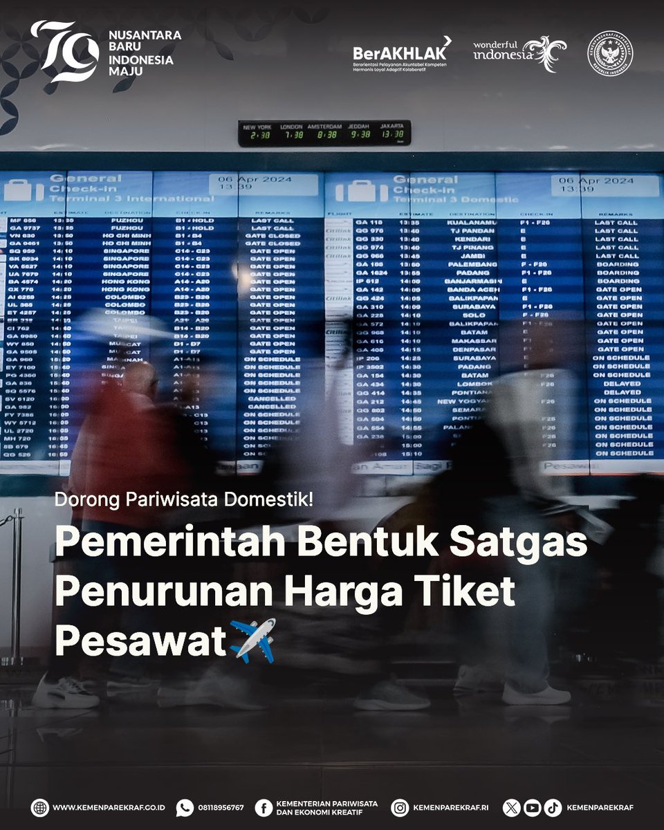 sandiuno's tweet photo. Kabar baik datang dari sektor pariwisata!

Saat ini pemerintah sedang dalam tahapan pembentukan Satgas untuk penurunan harga tiket pesawat domestik✈️

Langkah ini diambil guna menjawab keluhan dari masyarakat terkait mahalnya harga tiket pesawat domestik.

Langkah ini juga sedang dikaji lebih lanjut dengan melibatkan kementerian/lembaga terkait untuk membuat komponen lebih efisien sehingga dapat menurunkan harga tiket pesawat👏

Semoga kebijakan ini nantinya mendorong peningkatan wisatawan nusantara untuk berwisata #DiIndonesiaAja 🇮🇩

#PesonaIndonesia
#WonderfulIndonesia