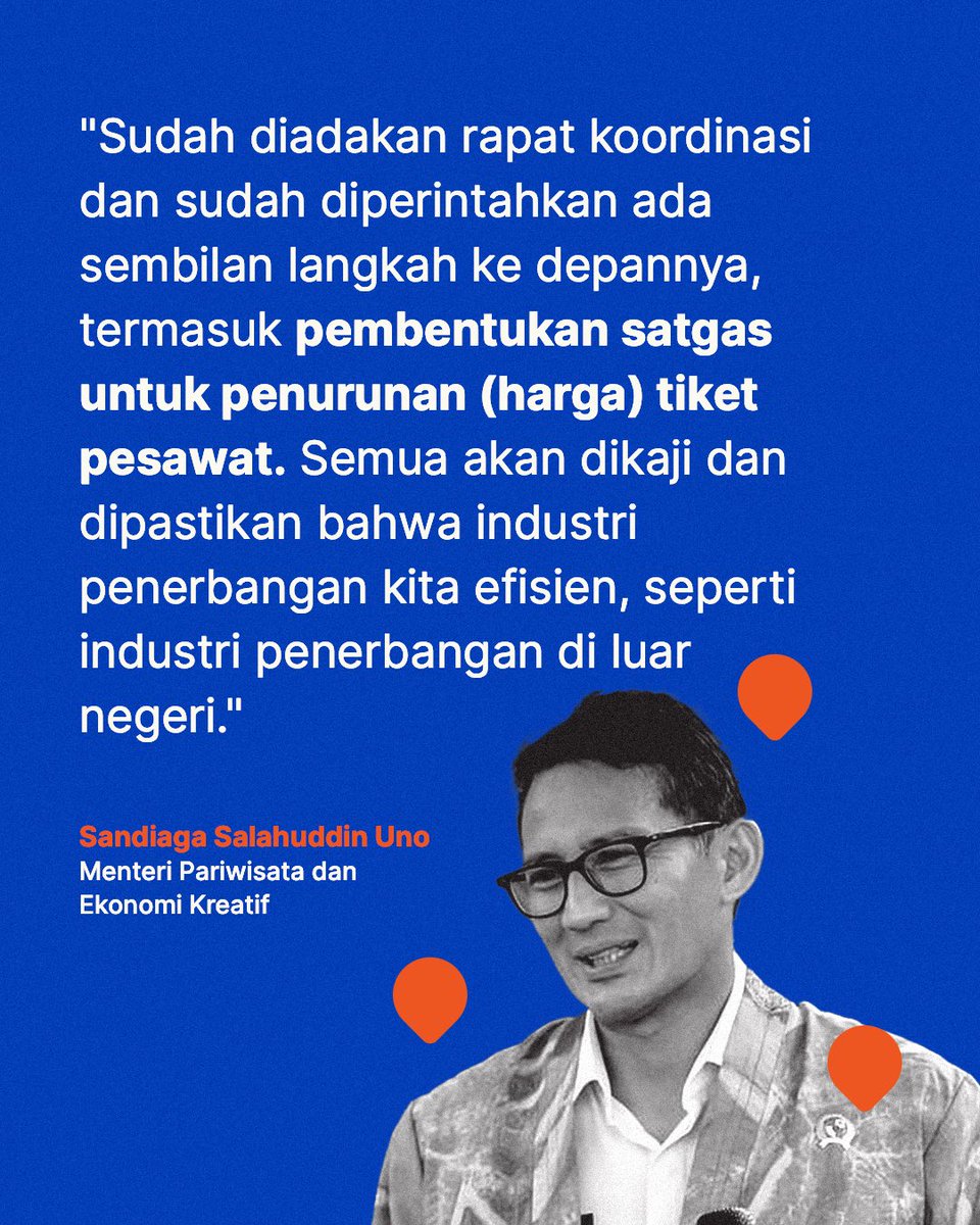 sandiuno's tweet photo. Kabar baik datang dari sektor pariwisata!

Saat ini pemerintah sedang dalam tahapan pembentukan Satgas untuk penurunan harga tiket pesawat domestik✈️

Langkah ini diambil guna menjawab keluhan dari masyarakat terkait mahalnya harga tiket pesawat domestik.

Langkah ini juga sedang dikaji lebih lanjut dengan melibatkan kementerian/lembaga terkait untuk membuat komponen lebih efisien sehingga dapat menurunkan harga tiket pesawat👏

Semoga kebijakan ini nantinya mendorong peningkatan wisatawan nusantara untuk berwisata #DiIndonesiaAja 🇮🇩

#PesonaIndonesia
#WonderfulIndonesia