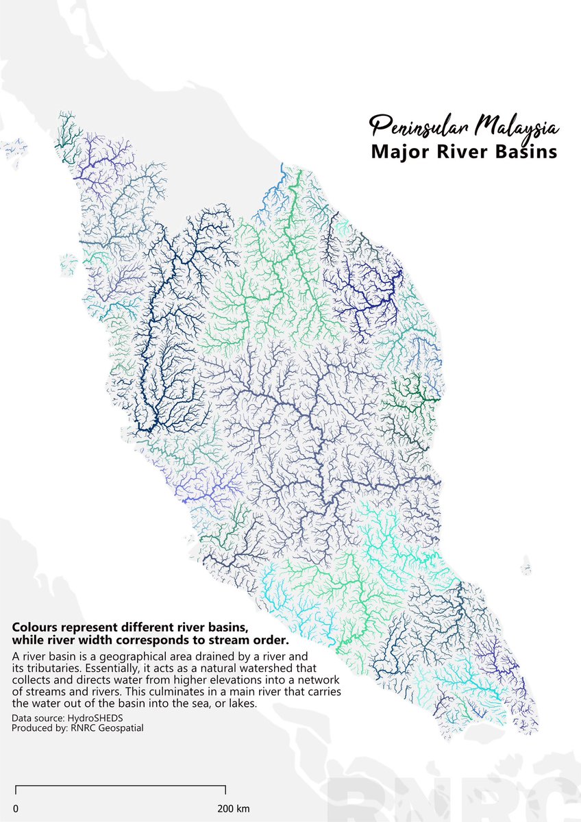 melati_aj's tweet photo. Made this some weeks ago, illustrating Peninsular Malaysia through one of its important natural resources, rivers. Even without the state borders, you can identify states that are delineated based on natural boundaries and some that aren’t.

#malaysia #geospatial #gischat https://t.co/B1fzxyHmsq