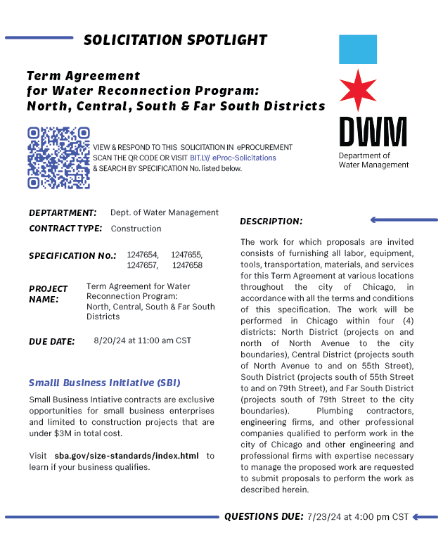 Chicago Department of Procurement Services (DPS) (@chicagodps) on Twitter photo NEW! Solicitation Spotlight from <a href="/ChicagoWater/">Water Management</a>. This is a Small Business Initiative contract exclusively open to small business enterprises and limited to construction projects under $3M in total cost.
For more info visit Chicago.Gov/eProcurement & search by Specification No. NEW! Solicitation Spotlight from <a href="/ChicagoWater/">Water Management</a>. This is a Small Business Initiative contract exclusively open to small business enterprises and limited to construction projects under $3M in total cost.
For more info visit Chicago.Gov/eProcurement & search by Specification No.