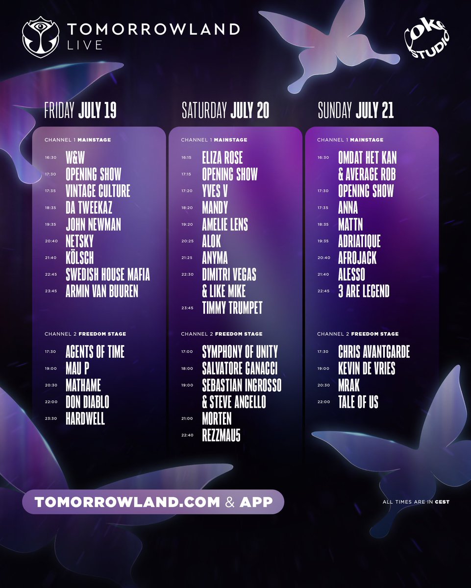 dancingastro's tweet image. Tomorrowland’s W1 stream schedule ⬇️

▪️Stream starts on 4:30PM CEST/10:30AM ET/7:30AM PT on Friday
▪️Mainstage + Freedom stream all weekend
▪️Available on YouTube + Tomorrowland site

youtube.com/tomorrowland