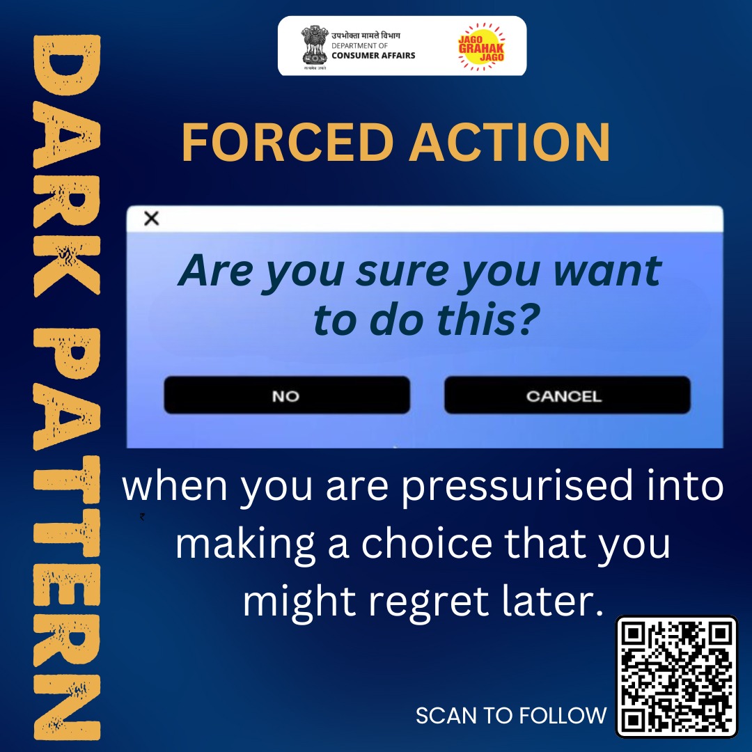 jagograhakjago's tweet photo. Consumers stay alert! Forced action forces you  into completing tasks or providing information, limiting your freedom of choice.  Report any such  violation to National Consumer Helpline 1915 or WhatsApp 8800001915 #DarkPattern #ConsumerAwareness #NCH1915 https://t.co/ZD6bwKR4kX