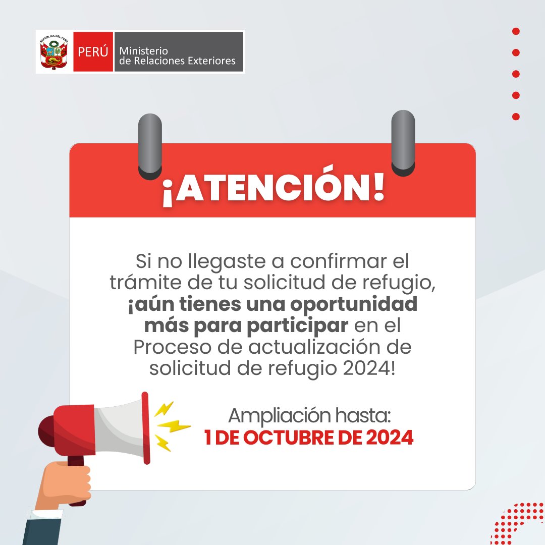 ACNURPeru's tweet photo. 📣 ¡Confirma tu interés en continuar con tu solicitud de refugio! 

La CEPR extendió el "Proceso de Actualización de Solicitud de Refugio 2024", permitiendo continuar el trámite de solicitud de refugio para personas que necesitan protección internacional. https://t.co/Es082uLbGi https://t.co/eZx0bT08MU