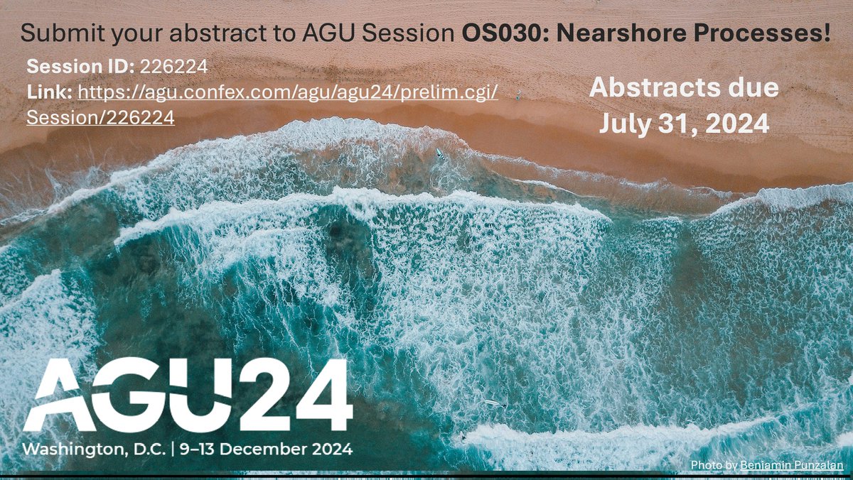 TemitopeIdowu05's tweet photo. We invite you to consider submitting an abstract to the “Nearshore Processes” session at the #AGU Fall Meeting 2024 in Washington, DC (Dec 9-13, 2024).
Session ID: 226224  
Session Title: OS030: Nearshore Processes
Session Link: https://t.co/bQ63dhSjjt
Section: Ocean Sciences https://t.co/Xh9YtPiF7O
