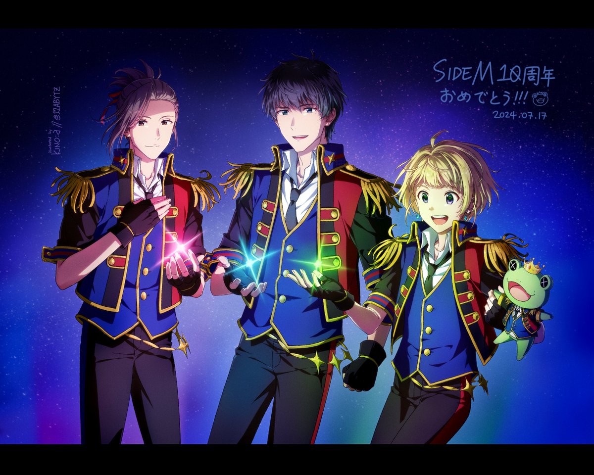 12abytz's tweet photo. 🌟SideM10周年おめでとうございます！🎉

こちらの記念ファンMVにBeitイラストで参加しました！！BeitのReason!!ver.でした！！🐸👑🩵

315なのでぜひフルMVで見てください！！✨

#SideM10周年 https://t.co/OyzYbB3Mri