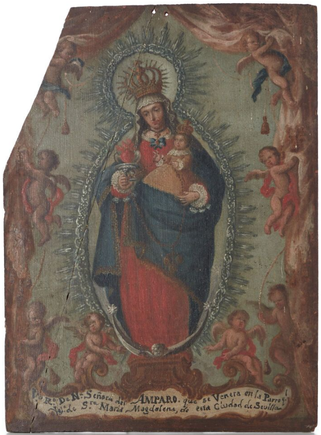 VRetratos's tweet photo. Virgen del Amparo de la @RPMagdalena de #Sevilla. En Biarritz Enchères (11/8/2024, lote 710) como obra anónima sudamericana del siglo XVIII 👉🏼https://t.co/MFFc0v7LEs aunque «en esta ciudad de Sevilla» podría señalar el origen de la pintura (o de su fuente grabada )💛@r_peccatorum https://t.co/xCvM5nnSPt