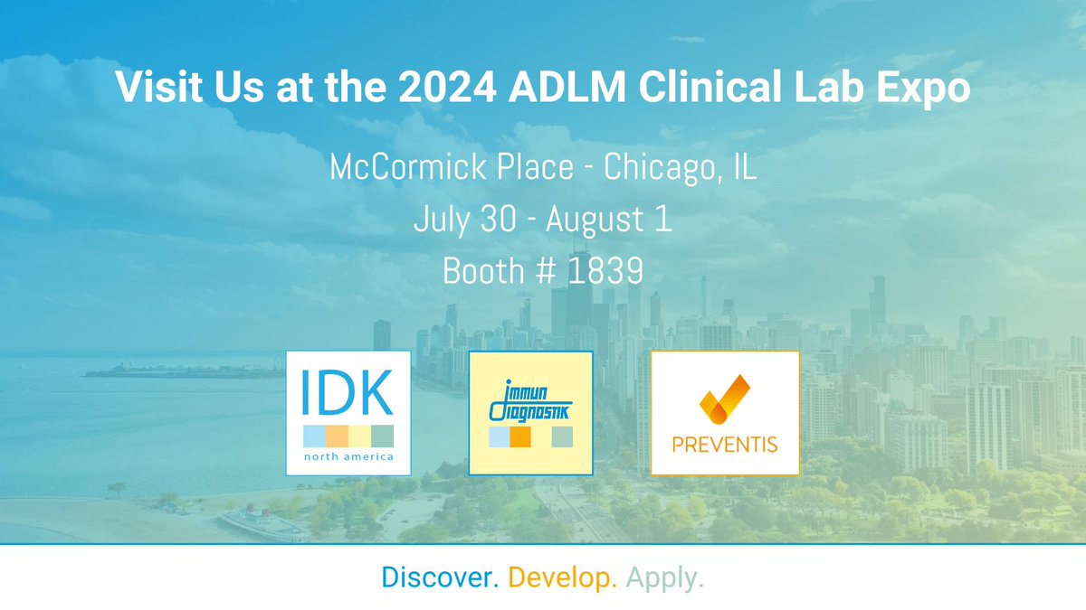 _idkna's tweet image. We look forward to seeing you at #ADLM2024 in Chicago!

Visit Immundiagnostik, Inc., @Immundiagnostik, and @PREVENTIS_ from 7/30 to 8/1 at booth 1839. Our team of experts look forward to discussing how our tools and services can help improve #LabEfficiency.

See you in Chicago!