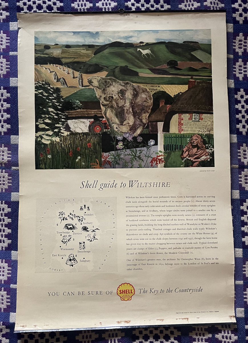 AnneLouiseAvery's tweet photo. For sale! The iconic  "Shell Guide to Wiltshire" poster by the Ladybird artist Keith Grant. Harvest fields! Avebury! White horses! Old magic! Price: £35. Dm to buy or purchase directly from my Etsy shop here: https://t.co/gzMgKA944z https://t.co/h907dBXfms